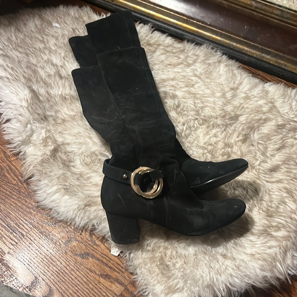 Karl Lagerfeld Black Knee High Boots with Gold Buckle